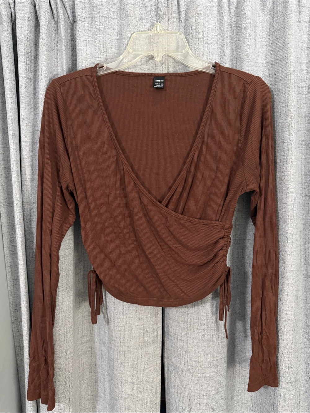 SHEIN Chocolate Brown Ruched Wrap Long Sleeve Top